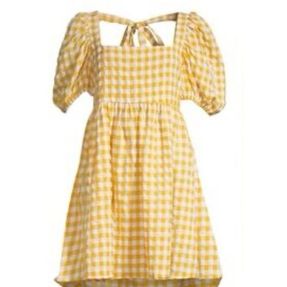 Jacquie The Label Puff Sleeves Mini Yellow Gingham Back Bow Dress Cottage-core-M - Picture 2 of 16